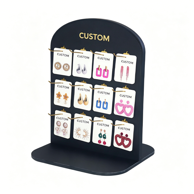 Black Double-Sided Rotating Jewelry Display Stand with Hooks for Earring Card Necklace Bracelet Display Racks