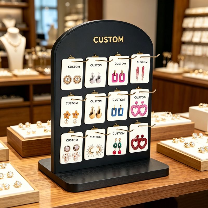 Black Double-Sided Rotating Jewelry Display Stand with Hooks for Earring Card Necklace Bracelet Display Racks